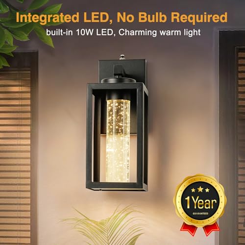 Image of VIANIS 2 Pack Exterior Garage Lighting Fixtures Wall Mount, 100% Aluminum | Durable Crystal Bubble Glass, Modern Black Outdoor Porch Lights for House, Built-in LED Outdoor Wall Sconce Lights Lantern
