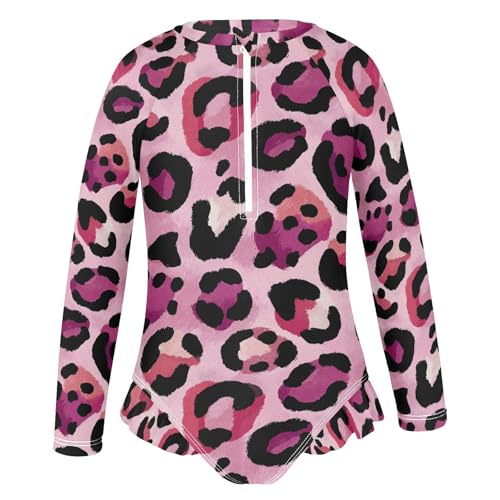 Girls'Swimwear Swimsuit Rash Guard,Pink Leopard Print Pattern Long Sleeve One Piece Bathing Suits for Kids Toddlers,Quick Dry Swimming Suit Zipper 5-6T2