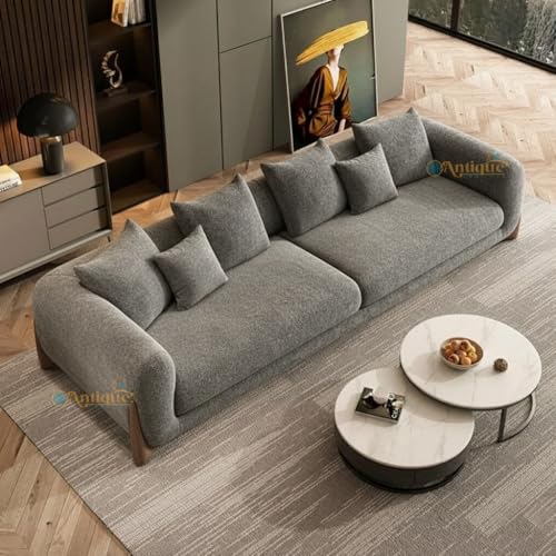 Image of Modern Sofa, Teddy Fabric, Chesterfield Style, Wooden Legs, for Living Room, Bedroom, Hallways (3+1+Ottoman, Light Grey)