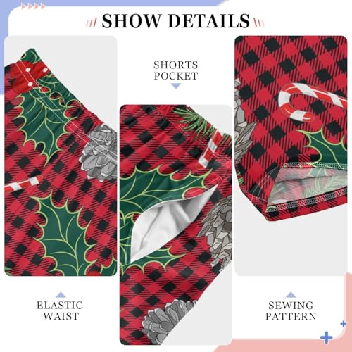 Berry Pine Cone Plaid Boys Long Pants Soft Trousers Elastic Waist Kids Lounge Bottoms with Pockets S-XL4