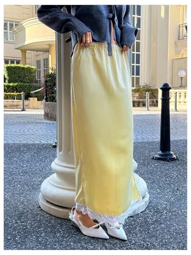 SOLY HUX Women's Maxi Skirt Lace Trim Elastic Low Rise Split Going Out Long Skirts3
