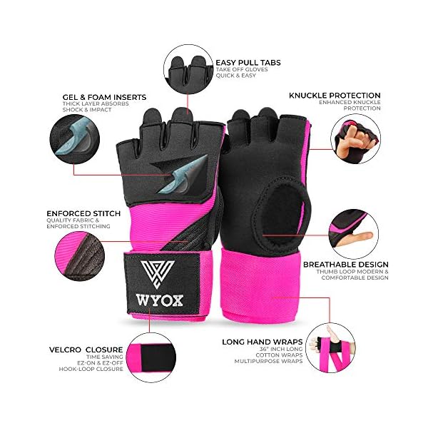 Hand-Wraps-Boxing-Inner-Gloves-Gel-Elasticated-Padded-Bandages-Under-Mitts-Long-Wrist-Support-for-MMA-Muay-Thai-Kickboxing-Martial-Arts-Training-Fist-Protector Hand Wraps Boxing Inner Gloves - Gel Elasticated Padded Bandages Under Mitts Long Wrist Support for MMA Muay Thai Kickboxing Martial Arts Training | Fist Protector (Pink, L/XL)