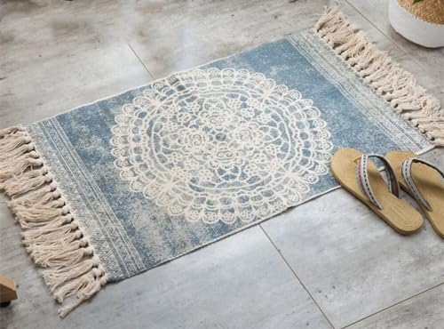 Plancholo Alfombra de baño bohemia tejida a mano, lavable, alfombra pequeña de algodón con borlas para dormitorio, lavandería, 2 x 3 pies