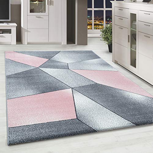 HomebyHome Teppich Wohnzimmer 120x170 cm Rosa Abstrakt Geometrisch Design - Schlafzimmer Teppich...