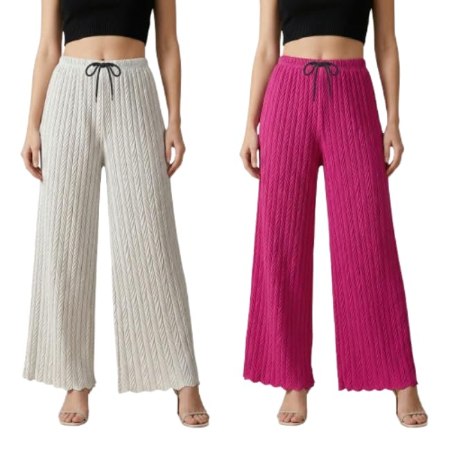 jenishas Women Palazzo Pants | Wide Leg Loose Fit Combo Pack Free Size Stretchable Waist Casual Wear,Office Wear, Home Wear (Pack of 2)-picture-38