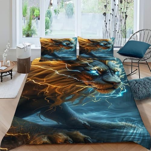 Parure de lit microfibre lion éclair anti-plis pour lit double adulte