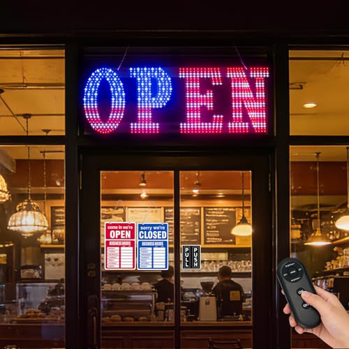 Image of LED Open Signs for Business, HETAIJIE 30 inch x 10 inch Large super Bright LED open Sign, Dimmable US Flag Design Storefront Display, 12 Modes Flashing for Shop Bar Cafes Window (High Brightness)