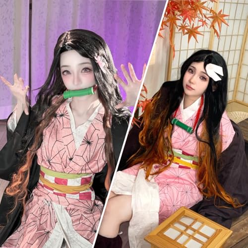 Image of LABEAUTE Nezuko Cosplay Wig for Anime Black Orange Wig, Women Adult Long Halloween Character Costume Wigs Cosplay Clothes for Demon Slayer