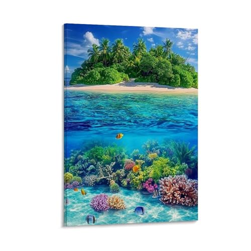 Toile mer tropicale encadrée 60x90cm DEBAOKA pour votre salon