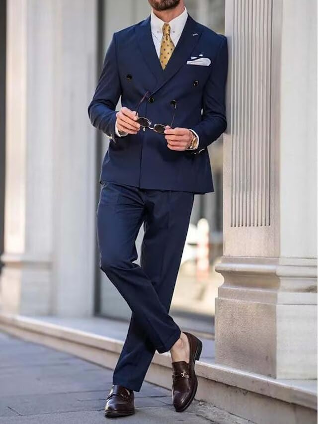 Double Breasted Suit for Men 2 Piece Slim Fit Men Suits Solid Tuxedo Blazer Pants Formal Set for Wedding Business Prom4