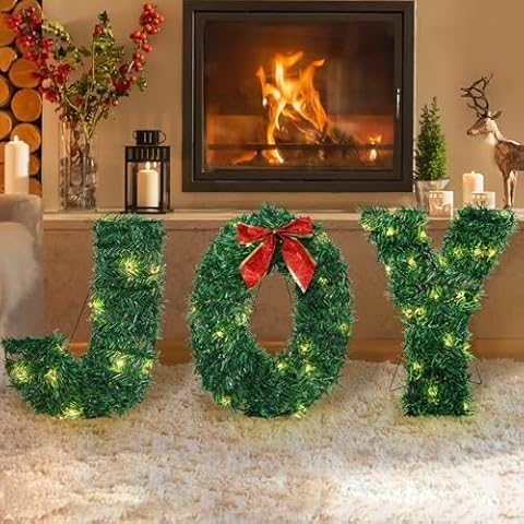 Serlvan 3 Piece Outdoor Joy Christmas Decoration, Lighted Joy Yard Signs Yard Lights Display Set for Christmas Outdoor Patio Lawn Green Decor Cover