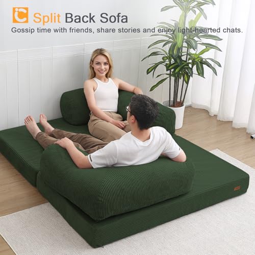 COMAX Futon Sofa Bed, 4-in-1 Floor Foldable Sofa Couch Bed Queen with L-Shaped Armrests, Convertible Folding Chair Bed Sleeper Mattress Fold Out Comfy Lounge for Living Room Bedroom, Green