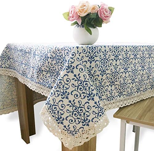 Nanoflake Elegant Cotton Linen Rectangle Tablecloth, Wrinkle Free Japanese Pattern Lace Border Rectangle Table Cloths, Home Party Kitchen Dinning Room Table Cover (Japanese Pattern, 55 x 71 inches)