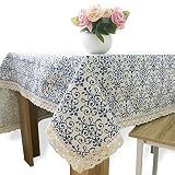 Nanoflake Elegant Cotton Linen Rectangle Tablecloth, Wrinkle Free Japanese Pattern Lace Border Recta