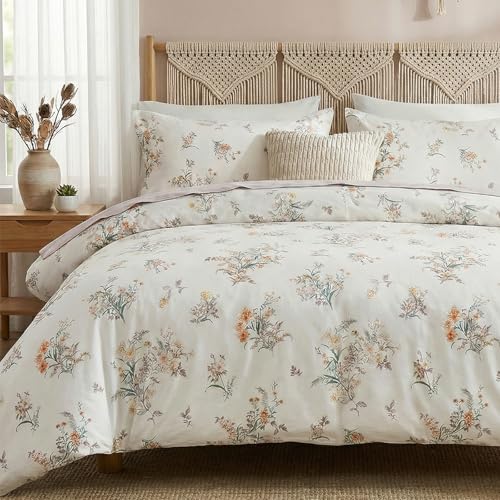 Cozaline Duvet Cover Set Queen Size Vintage Style Garden Floral Duvet Cover 100% Cotton 3 Pcs Chic Floral Comforter Cover with Zipper Botanical Coquette Duvet Cover Set Ultra Soft & Breathable