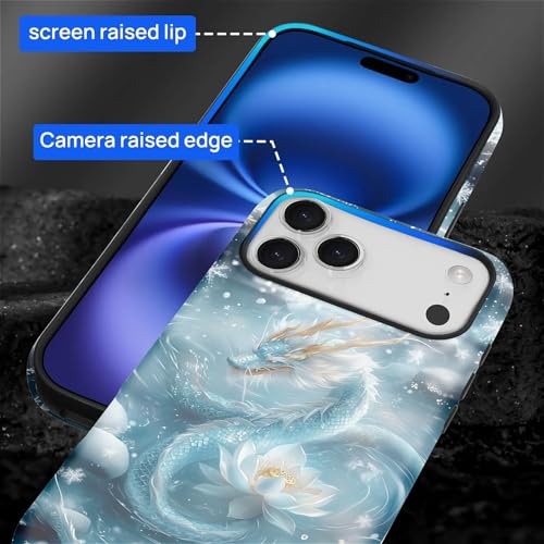 Punmada Capa para iPhone 17 Pro Max, capa híbrida rígida de silicone à prova de choque para iPhone 17 Pro Max, azul floco de neve, estampa de dragão de lótus
