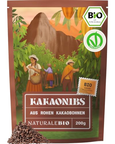 NaturaleBio Roh Kakao Nibs 200g. Bio Roh Kakao Nibs. Rohkost natürlich und rein. Produziert aus der Theobroma Pflanze. Quelle für Magnesium Kalium und Eisen.
