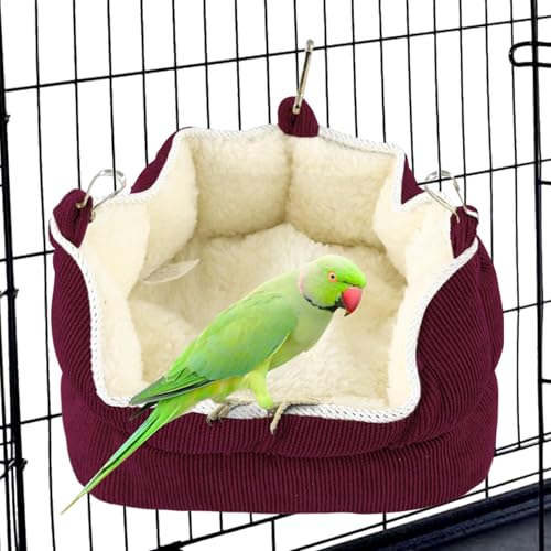 Image of QBLEEV Bird Nest House Winter Warm Bird Bed for Cage Hanging Bird Hammock Soft Plush Snuggle Hut Tent, Parrot Cage Accessories Birds Hideaway Sleeping Bed (Red, Large)