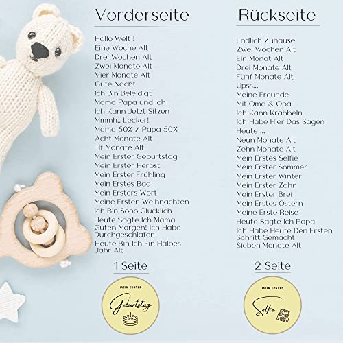 Holzrahmen mit Meilensteinkarten Baby I 46 Meilensteine auf Deutsch + Ständer und Maßband in Set I Geschenk zur Geburt/Babyparty für Schwangere, Werdende Mütter, Werdende Eltern Perfekt Geschenkidee