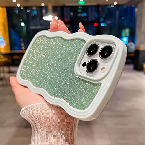 Hyuekoko For Iphone 13 Pro Max Case Bling Glitter Curly Hard Frame Wave Edge Clear Soft Tpu Shockproof Cute Phone Case For Iphone 13 Pro Max 6.7 Inch Women Girl Light Green #TOP3