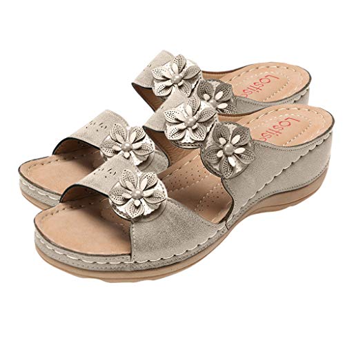 Haoricu Sandal Shoes, Women Premium Orthopedic Open Toe Sandals Vintage Anti-Slip Breathable For Summer (7.5, C-Light Gray) #TOP3