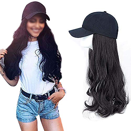URBEST Baseball Hats Wigs, Black Hat with Hair Attached for Women Synthetic Hair, Long Wavy Hair for Women Daily Party Use (Long (20 Inch), Black)