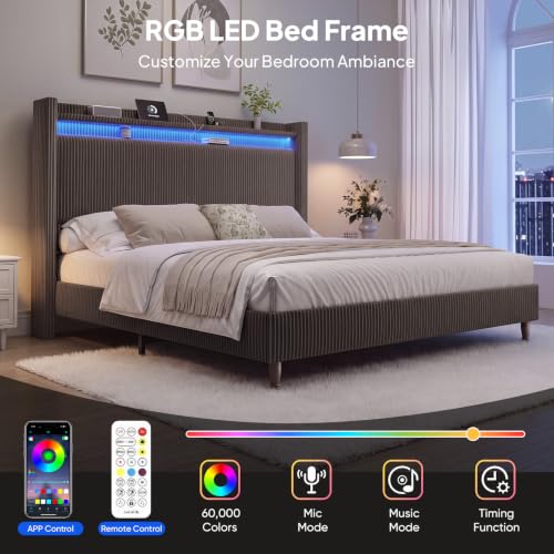 Image of King Size Bed Frame with 55.3 inch Tall Headboard, Corduroy Upholstered, Taupe