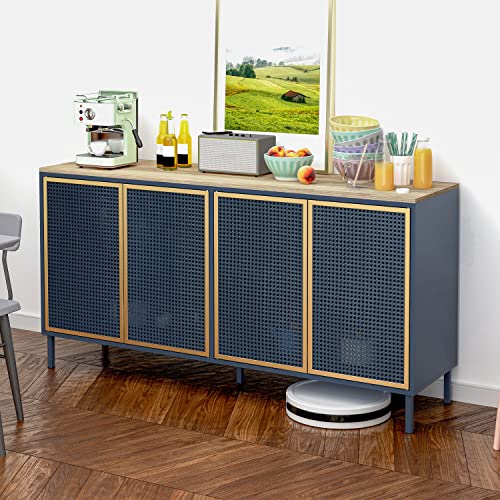 Orrd Accent Cabinet, Sideboard Buffet Cabinet Kitchen Storage Cabinet Console Televison Table With 4 Iron Rattan No Handle Pop-Up Doors And Adjustable Shelves For Living Room, Dining Room (Blue Gold) #TOP2