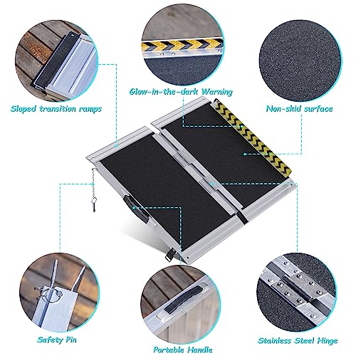 Portable Wheelchair Ramp 2FT, Anti-slip Aluminum Folding Portable Ramp, Wheelchair Ramps for Home, Weight Capacity Up to 600 LBS, with Transition Plates above and below