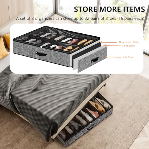 Image of homyfort 32 Pairs Shoe Organizer Under Bed, Underbed Shoe Storage Boxes Bins, Organizador De Zapatos, Extra Large Zapateras Organizer, Black, Set of 2