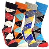 Mens Colorful Dress Socks Argyle - HSELL Men Classic Argyle Pattern Fashionable Fun Crew Socks 4 Packs (Classic Argyle 4Packs)One Size