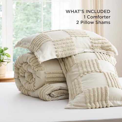 Image of Bedsure Full Size Comforter Set Linen, Boho Tufted Bed Set, Grande Checkered Farmhouse-Style Distressed Vintage Bedding, 3 Pieces, 1 Plaid Geometric Comforter and 2 Pillow Shams