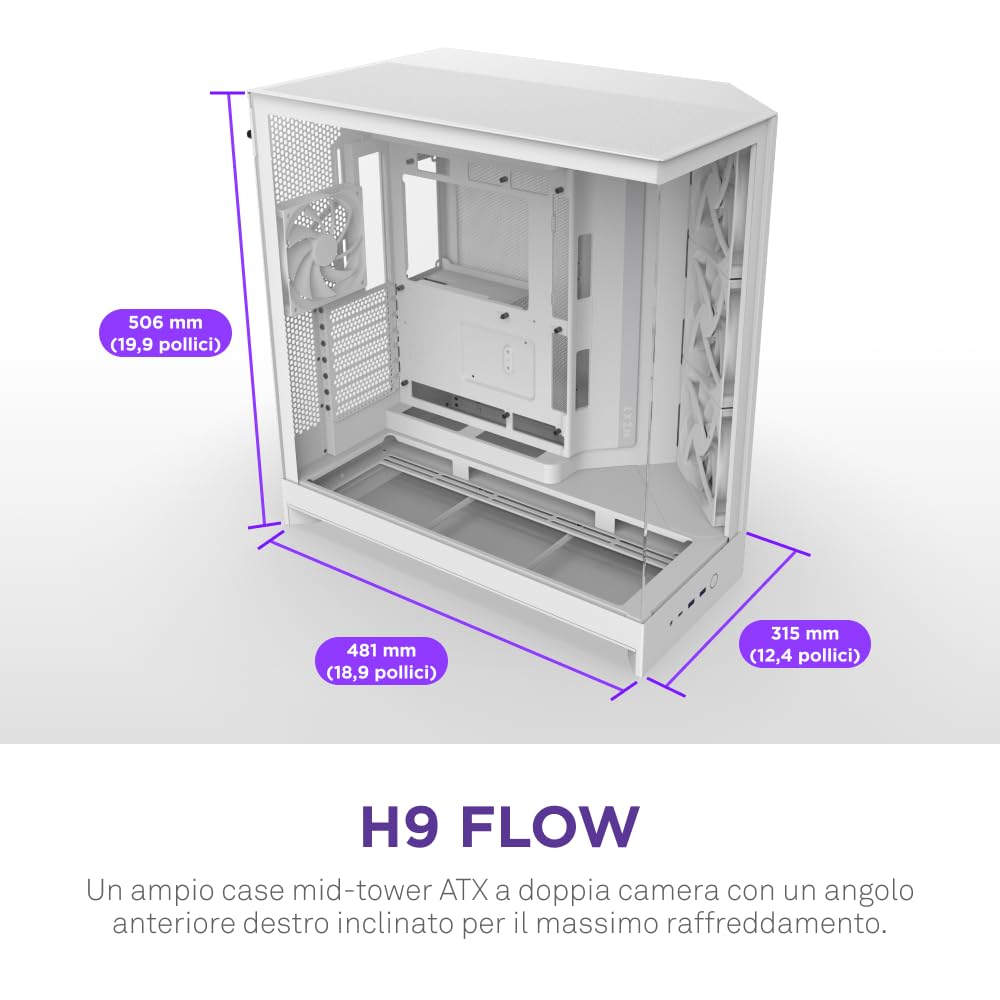 NZXT H9 Flow (2025) – Grande Case PC ATX Mid-Tower a Doppia Camera con Flusso d'Aria – Include 3 Ventole da 140mm e 1 da 120mm – Supporto Radiatore da 420mm – Vetro Temperato – Bianco