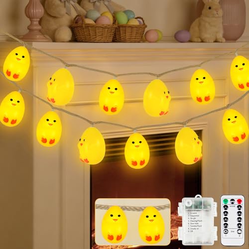 YIQU Easter Decoration String Lights, 10FT 12LED Indoor Chick Mantel Garland Battery Operated with Remote Timer 8 Modes, Hemp Rope Banner for Fireplace Table Wall Spring Party Indoor Outdoor Decor