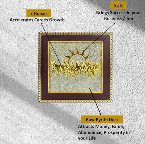 Image of CrystalPurna Original Pyrite 7 Horses Frame for Wealth Money Success & Prosperity | Vastu Seven Running Horses with Rising Sun Wall Decor | Natural Pyrite Crystal Wooden Frame for Home Office Living Room Positive Energy Gift