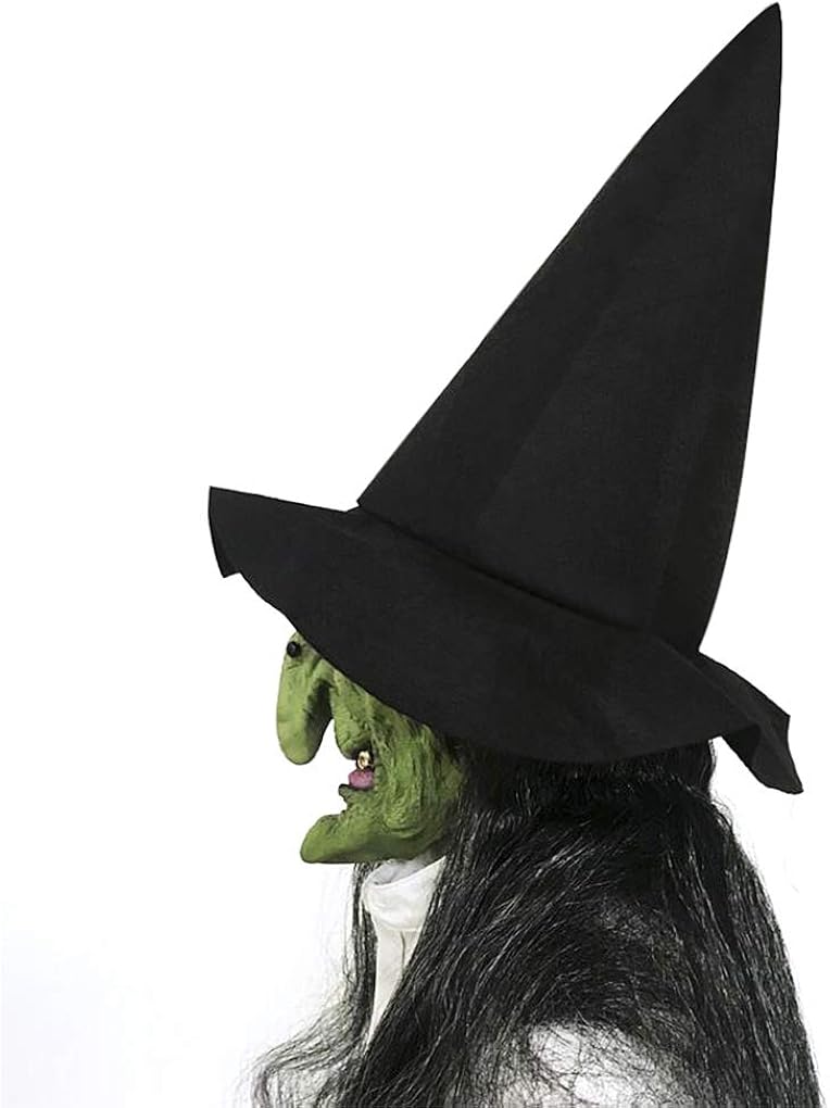 Miniatura 3 de Green Witch Mask Halloween Latex Wizard Mask with Black Wigs Hat Scary Old Witch Head Mask with Hoodie Hat Long Hair Mask