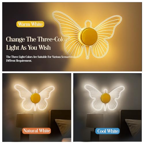 Image of Lampmaster Golden Butterfly LED Wall Light | 3 Color Modes Acrylic Wall Sconce for Bedroom, Living Room, Kids Room, Vanity, Decorative Modern Wall & Ceiling Lamp | Pack of 2