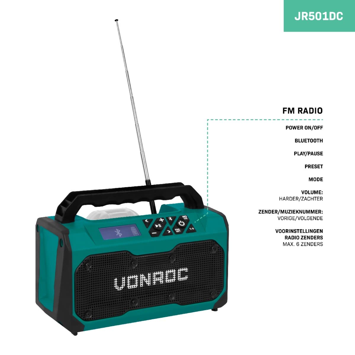 VONROC Radio de Chantier sans Fil 20V - Bluetooth, FM, USB, Haut Parleur, Enceinte - Port Bass-Reflex - Gamme de Fréquences Radio : 87,5 à 108MHz - Batterie & Chargeur Non Inclus