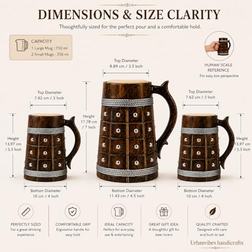 Image of Wooden Beer Bar Combo Set | Barrel Shaped Jumbo Mug with Metal Studs | 2 Small Beer Mugs 350ML (5 x 4 inches Each) & 1 Large Beer Jug 750ML