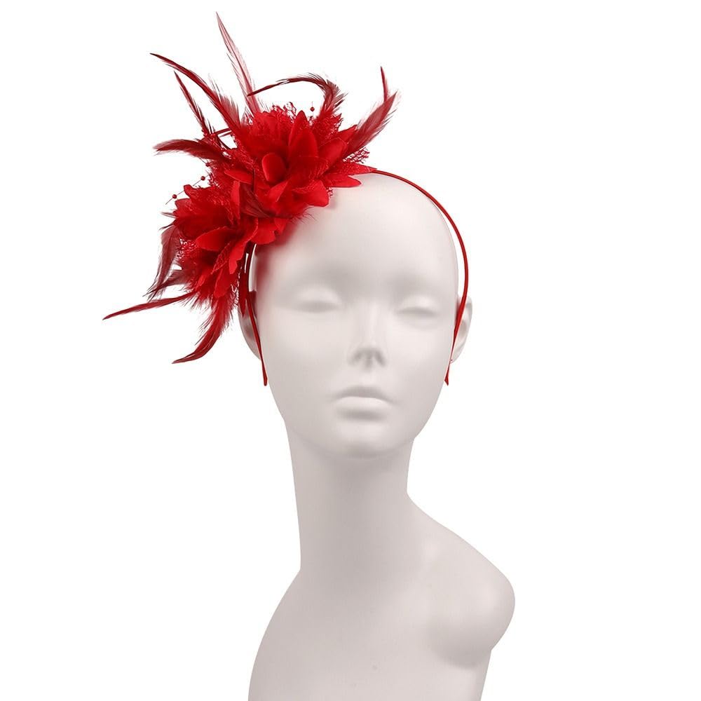 Feather Headband Women Flower Fascinators Artificial Flower Feathered Headpiece Rose Red Roaring 1920s Feather Headwear for Cocktail Carnival Masquerade Tea Party(Red) - Image 3