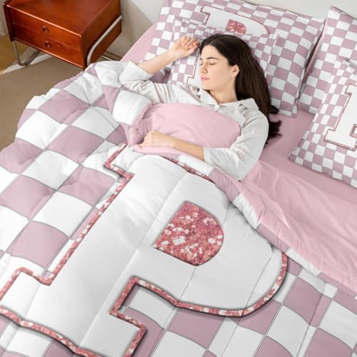 Image of Erosebridal Pink Initial P Full Comforter Set with Sheets 7 Piece Kawaii Plaid Checkered Bed in A Bag Cute Personalized Monogram Bedding Sets for Kids Girls Teen Women,Fashion Grids Gingham Bed Set
