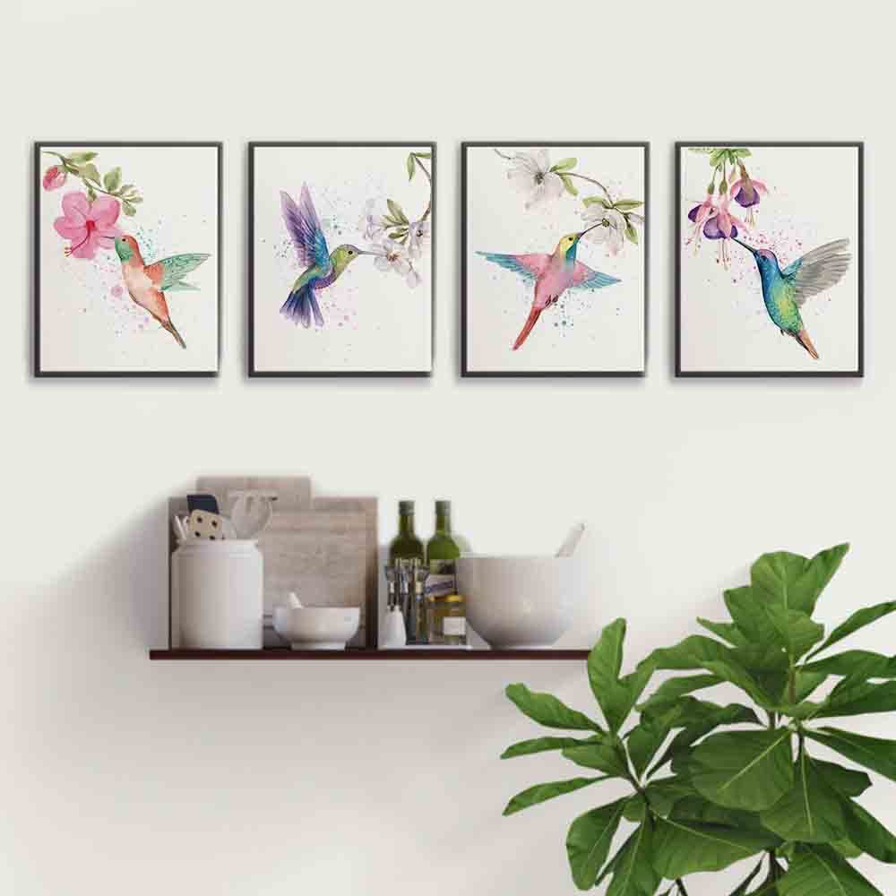 Amazon.co.jp: カラフル 鳥 花 枝 植物 アートプリント、4枚セット (8