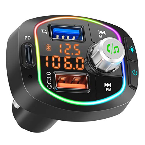 Bluetooth FM Transmitter for Car BT 5.0 Wireless Stereo Audio Adapter Hands-Free Call Kit Radio Music Player Receiver 36W PD & QC3.0 Smart Charge Type-C USB TF Compatible LCD Dual Display RGB Light