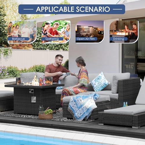 NICESOUL-9-Pieces-Outdoor-Patio-Sectional-Furniture-Sofa-Set-with-Natural-GasPropane-Fire-Pit-Table-Luxury-Large-Size-PE-Wicker-Comfortable-Weather-Resistant-L-Shape-Conversations-Gray NICESOUL 9 Pieces Outdoor Patio Sectional Furniture Sofa Set with Natural GasPropane Fire Pit Table Luxury Large Size PE Wicker Comfortable Weather Resistant L Shape Conversations Gray