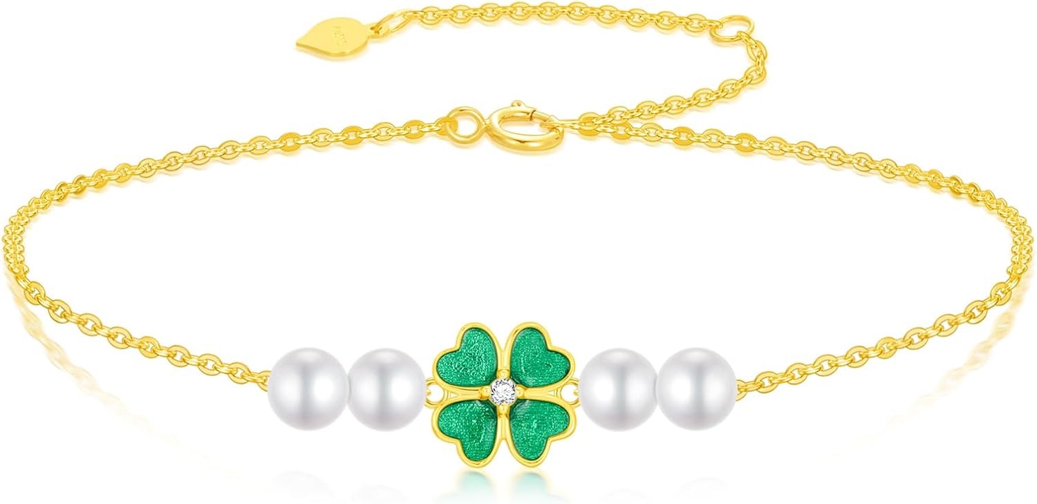 SISGEM 14k Gold Four Leaf Clover Bracelet for Women, Real Freshwater Cultured Pearl Lucky Jewelry Gifts for Her, 6.8"-8.4"