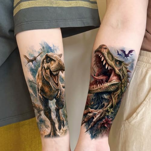 Image of VANTATY 12 Sheets Watercolor Dinosaur Temporary Tattoos For Kids Men Women Adults Forearm Tattoo Sticker, Realistic 3D T-Rex Fake Tattoos For Boys Girls Teens Children Tattoos Long Lasting Waterproof