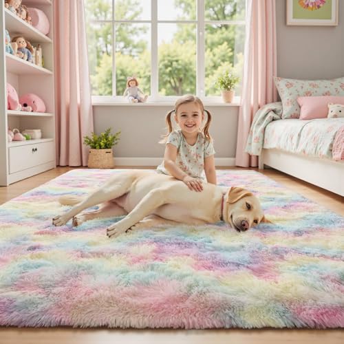 5x8 ft Fluffy Rainbow Area Rug for Bedroom Soft Fuzzy Living Room Rug Non-Slip Shag Rugs Carpet for Nursery Kids Play Room Dorm Office Indoor Modern Plush Carpets