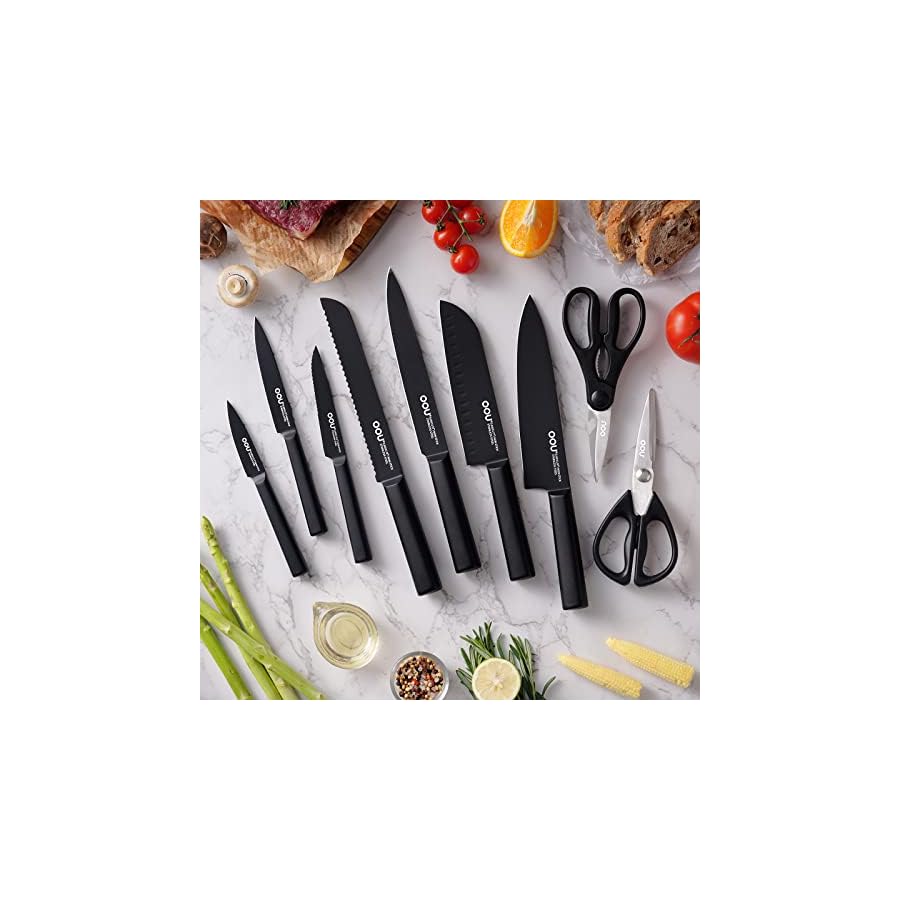 OOU Kitchen Knife Block Set - 15 Pieces High Carbon Stainless Steel Knife Block Set with Built-in Sharpening Blocks, Black