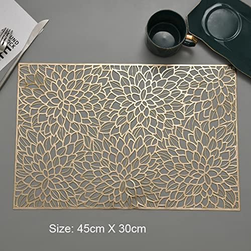 Hosoncovy 4 Pack Decorative Rectangle PVC Placemats Flower Placemats Hollow Dining Table Place Mats Heat Resistant Non-slip Dining Placemats Table Mats for Home Kitchen Wedding (Gold)