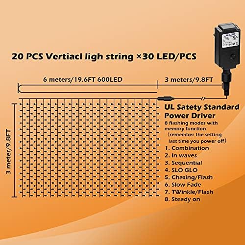 IMAGE Curtain Lights 6x3m Mains Powered 8 Modes String Curtain Light with 600 LEDs Waterproof Outdoor Garden Light Wedding Decoration Christmas Party Lighting, Multicolor